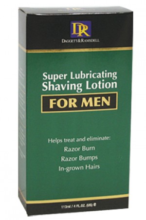 A green box of D & R Super Lubricating Shaving Lotion for Men, indicating it is designed to treat razor burn and minimize in-growing hair.